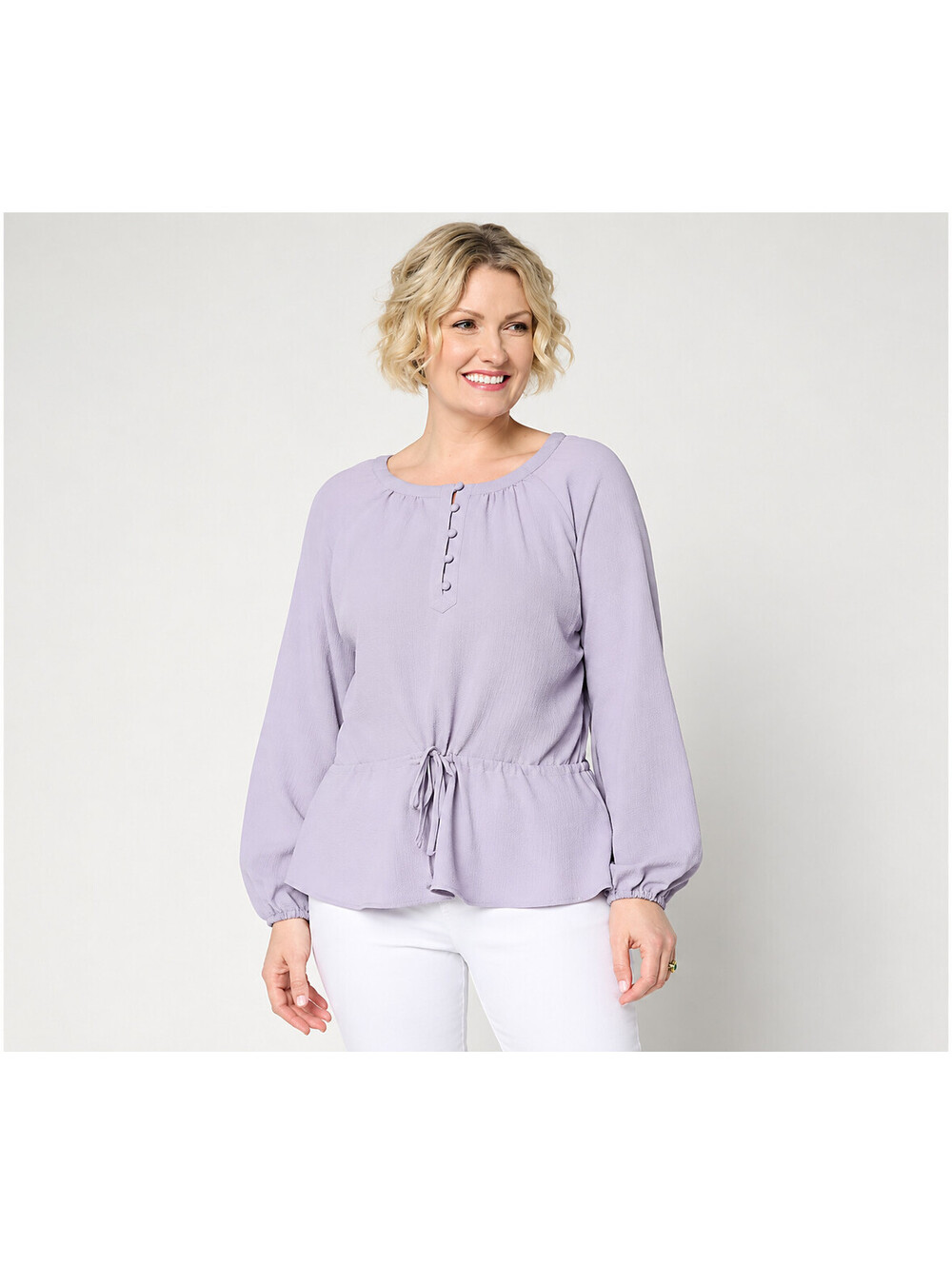 BEAUTIFUL by Lawrence Zarian Adjustable Waist Peasant Top Lavender Gray, Size 1X